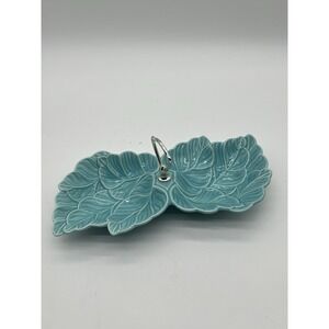 Vintage California Pottery Turquoise Leaf‎ Shaped Tidbit Dish Two Sided